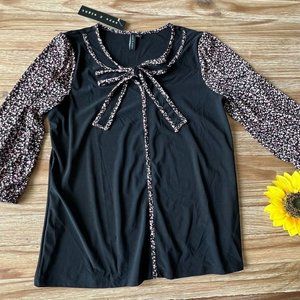 Zero 2 Eight Black Blouse, Vintage-inspired bow tie front 3/4 Sleeve Top Size M